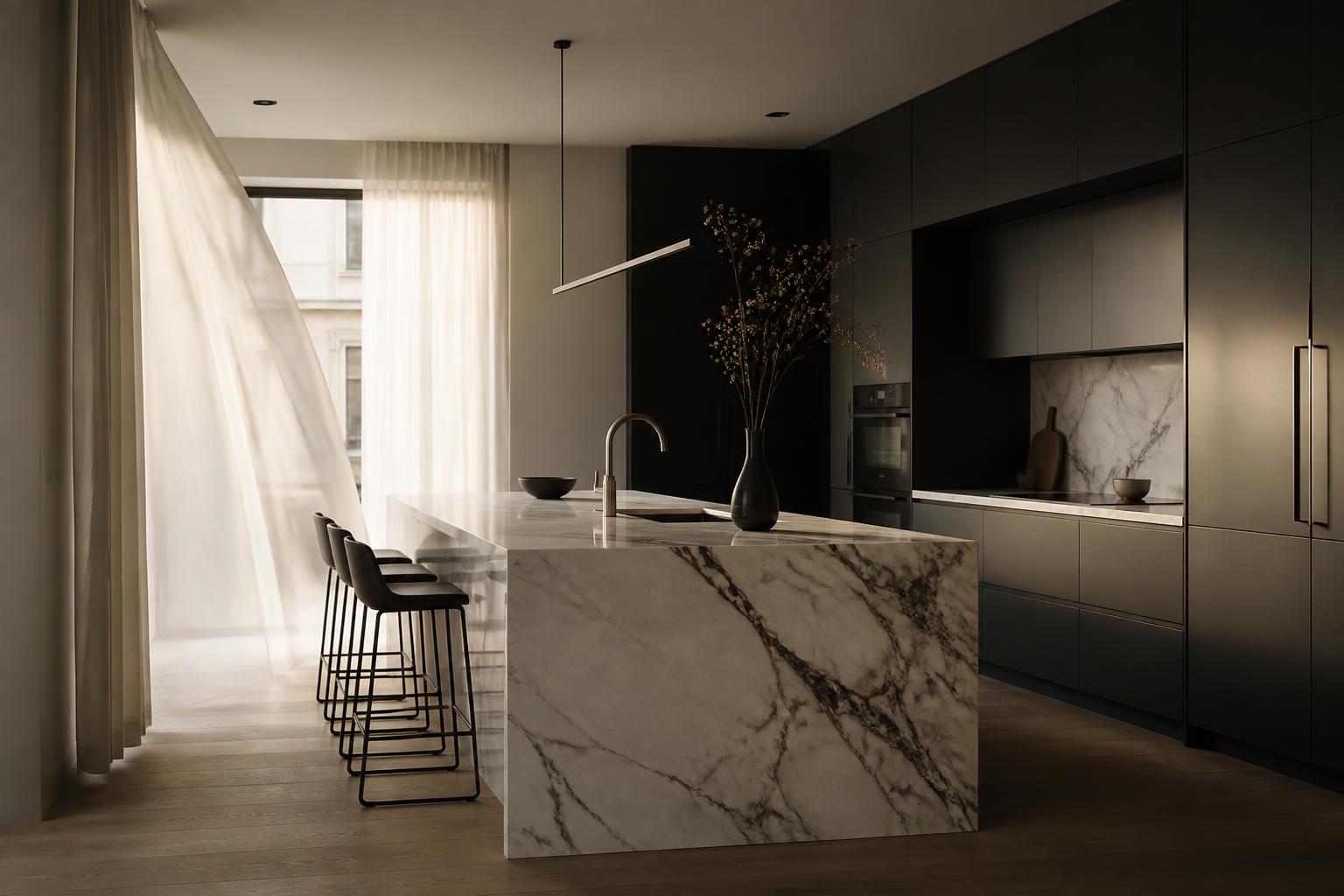 Cinematic still of a minimalist kitchen interior